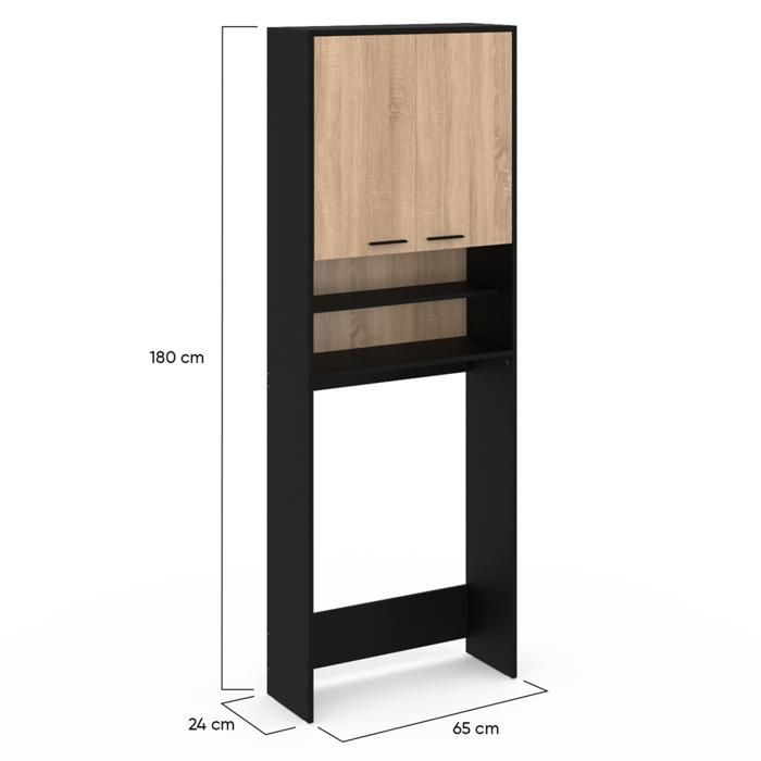 IDMARKET WALLIS black and beech-effect wood storage unit above washing machine and toilet