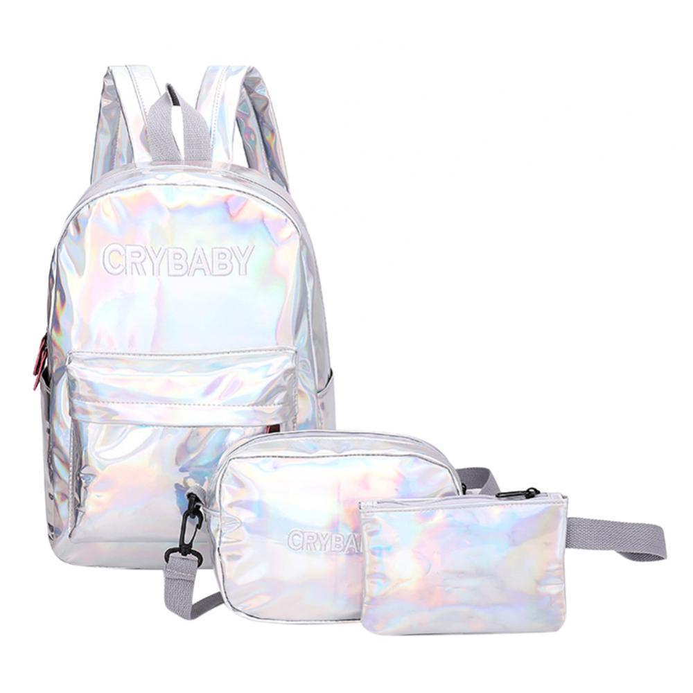 3 stk. sett med gatebokstaver DAMER Herrer Laser PU-skinn ryggsekker Tenåring Studenter Glidelås Skulder Skolesekker Kompositt Clutch Mochila