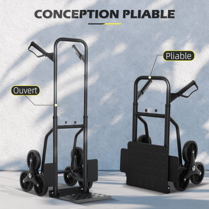 Carretilla elevadora para escaleras - DURHAND - plegable - 120 kg - 6 ruedas - cuerdas telescópicas - estructura de acero - 44x38x106,5 cm - negra