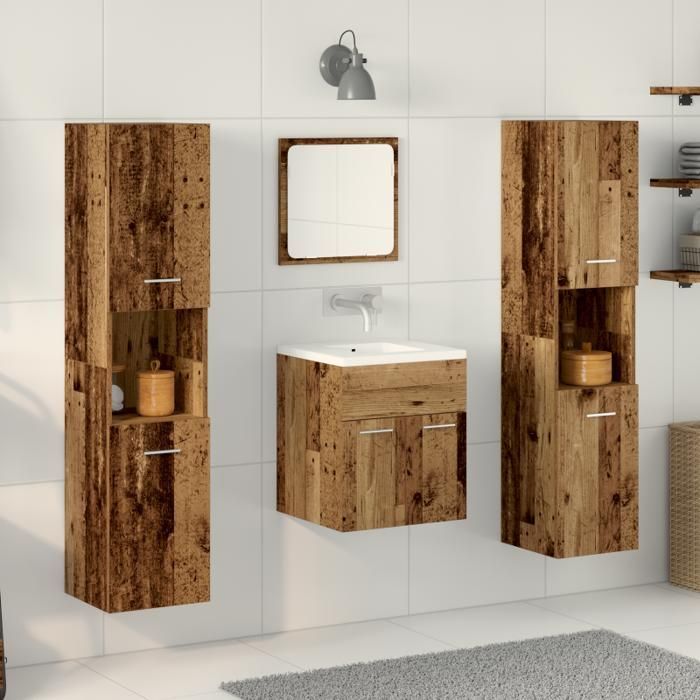 Ensemble de meubles de salle de bain - 4 pièces - Bois massif récupéré - Miroir inclus - Design rustique