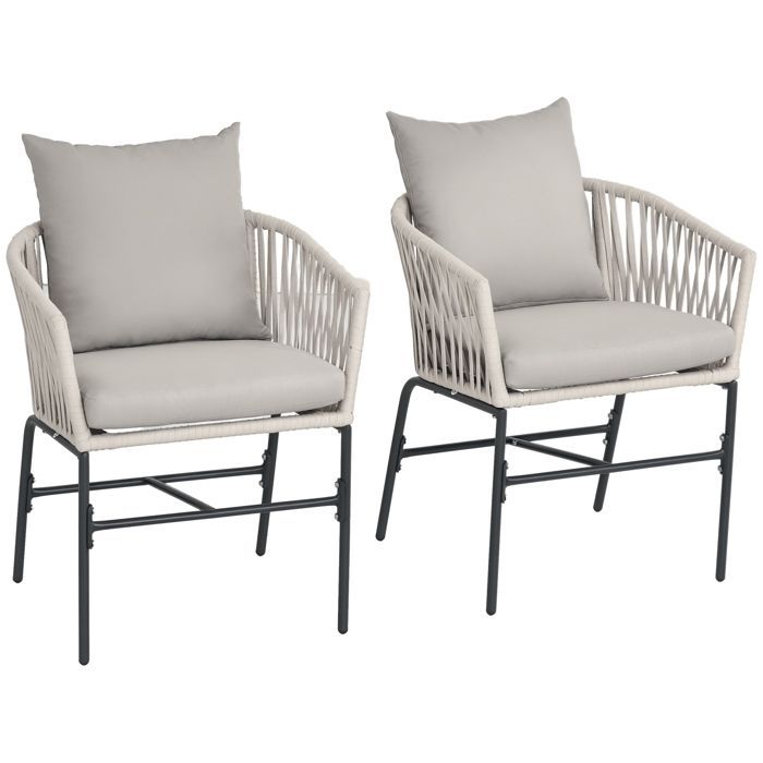 Sillones de exterior - Outsunny - juego de 2 sillas de jardín de dos plazas con cuerda de PE y cojines - metal PE - negro gris