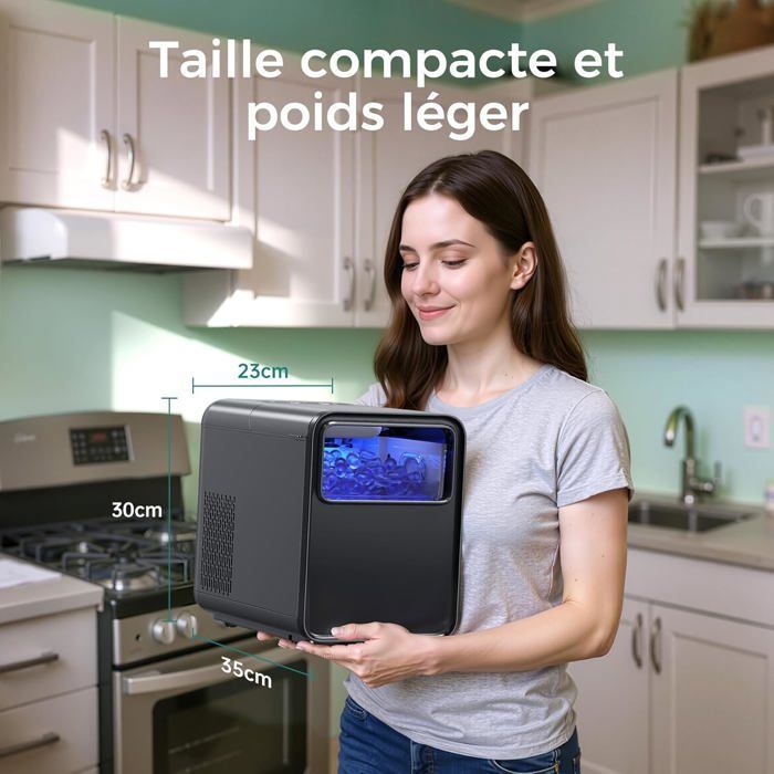 Machine à glaçons - QEXREED -1.5L - 16kg max/24h - Autonettoyante - 2 tailles - 9 cubes/6min - Avec panier et pelle