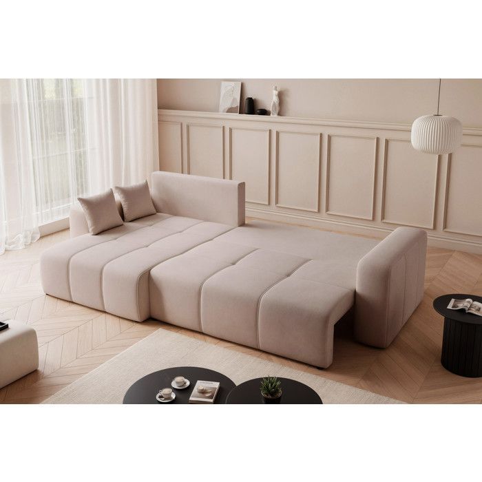 Canapé d'angle Réversible PEDRO - 5 places - Canape Convertible avec Coffre - Tissu Velours - Beige