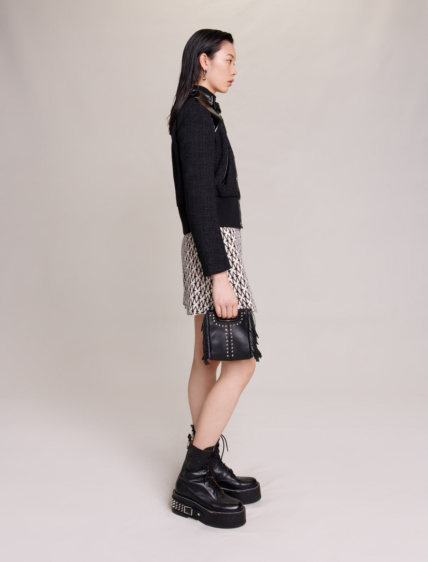 Tweed en vinyl jas - Zwart