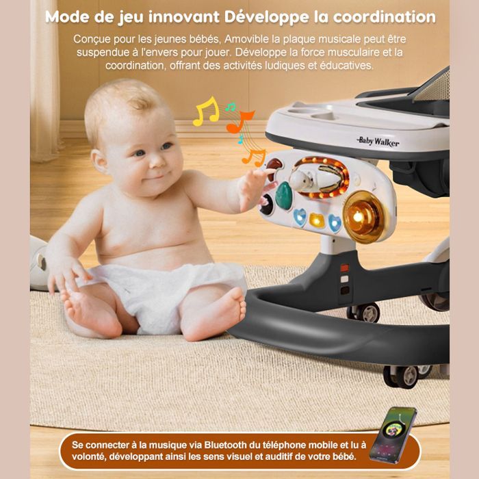 Andador convertible 2 en 1 para bebés - Altura y velocidad ajustables - Bandeja para comida, música Bluetooth, alfombra de juegos, juguete para empujar - De 7 a 18 meses - Gris