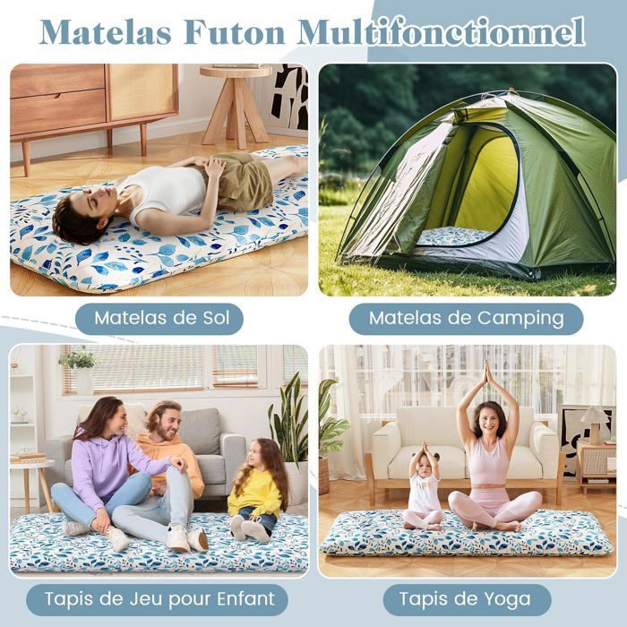 COSTWAY Matelas Futon 90 x 200 CM, Surmatelas Amovible Lavable, Matelas de Sol Portable avec Sac de Transport, Motif de Feuille