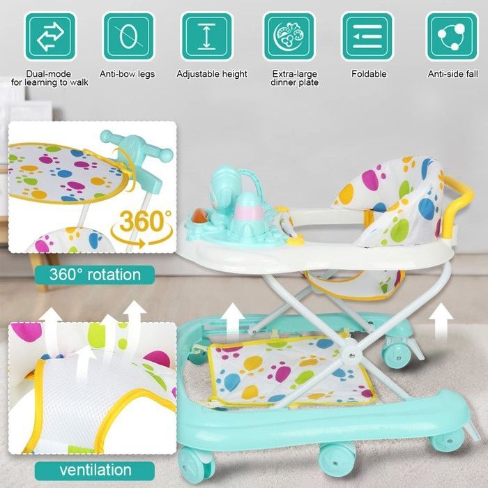 XUANYU Musical Baby Walker - From 6 Months - With 8 Wheels + Anti-Tip - Green