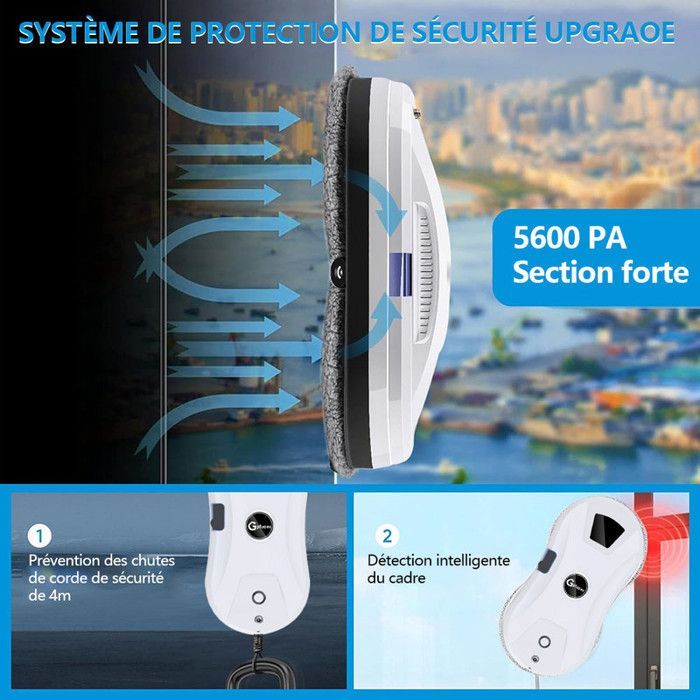 Robot limpiacristales eléctrico - GPFOUEA - 5600 Pa - 3 modos automáticos - Control remoto - 10 paños de limpieza