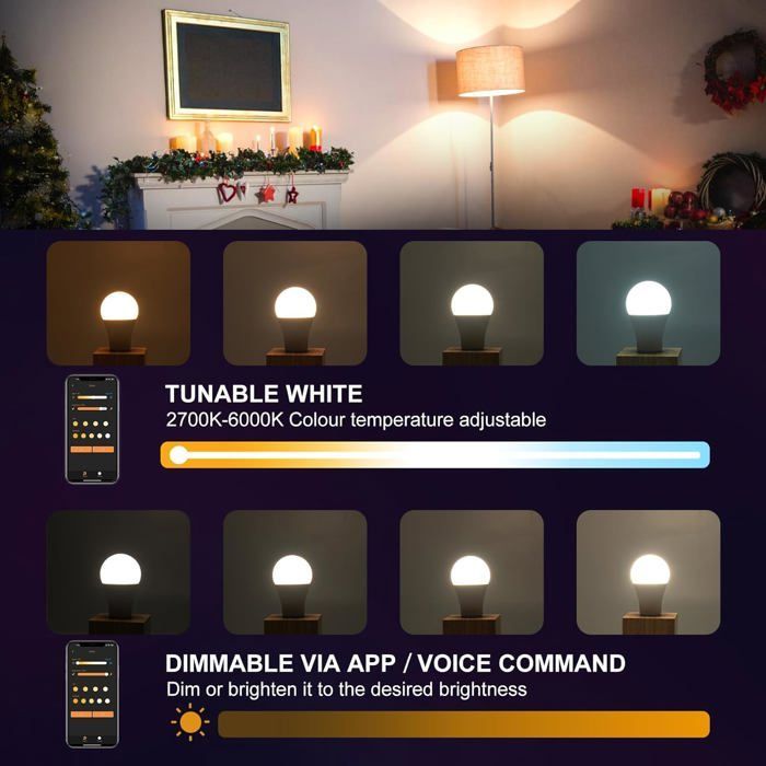 Bombillas LED inteligentes E27 - ZGEER - Compatibles con Alexa - Bluetooth Smart - 12 W (equivalente a 100 W) - Blanco cálido 2700 K