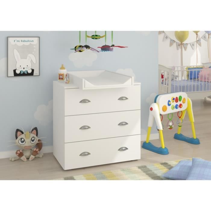 Commode à langer bébé enfant Blanc Table à langer + Matelas à langer amovible 80x71,8x90cm- 3 Tiroirs MIA