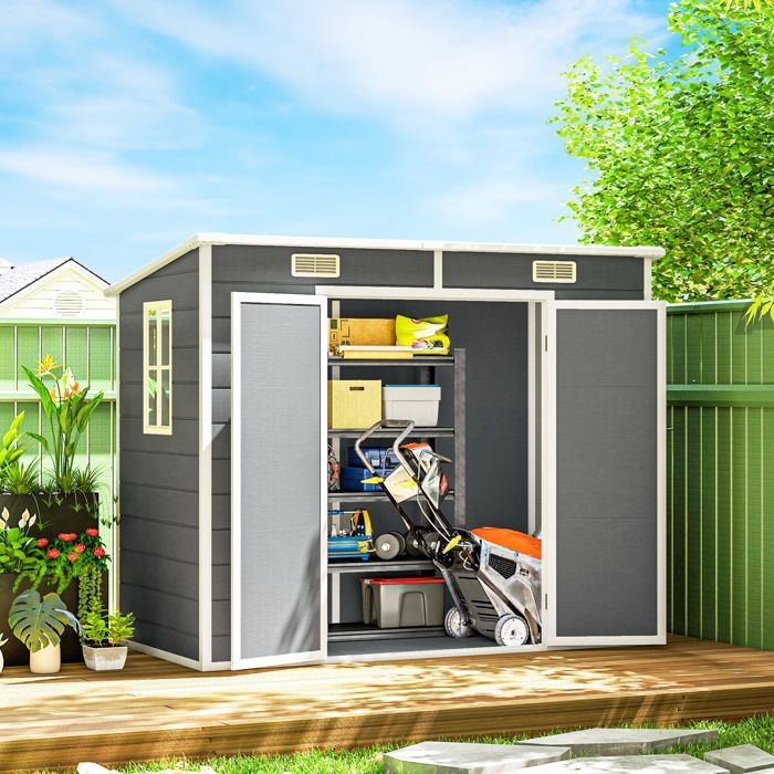 Abri de jardin extérieur - Outsunny - 2,4 x 1,3 m - avec plancher - fenêtre - portes verrouillables et aérations - gris