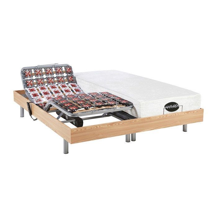 Cama eléctrica de relajación con base de láminas + colchón de espuma viscoelástica y bambú - 2 x 90 x 200 cm - Roble - LYSIS III de NATUREA