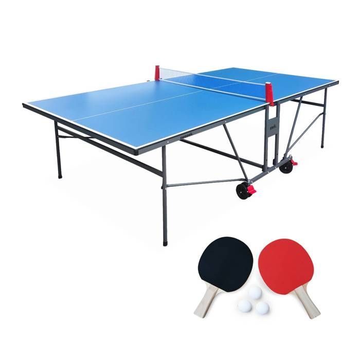 Mesa de ping-pong plegable azul para interiores con 2 paletas y 3 pelotas.