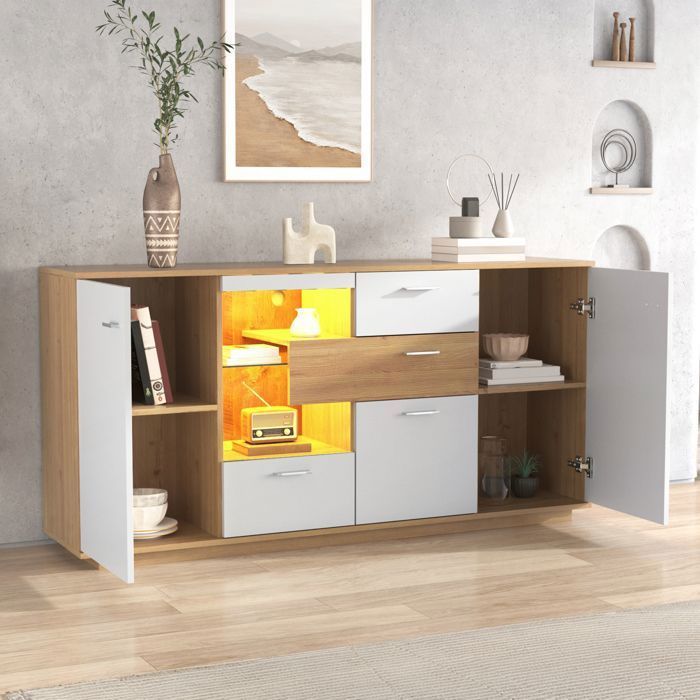 Modernes LED-Buffet 160 x 40 x 77 cm mit 16-farbiger RGB-Beleuchtung, 2 Türen und 4 Schubladen, verstellbare Einlegeböden – Weiß, Holzoptik