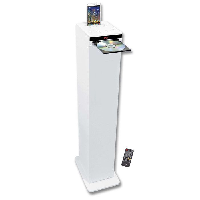 White tower sound system with CD player, Bluetooth, FM radio and USB port, 60W + remote control