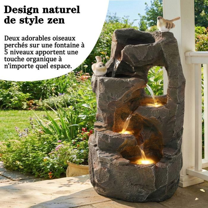 Fuente LED para exteriores - 47 cm - Gris piedra - Iluminación LED amarilla cálida - Sonido de agua suave 55 dB