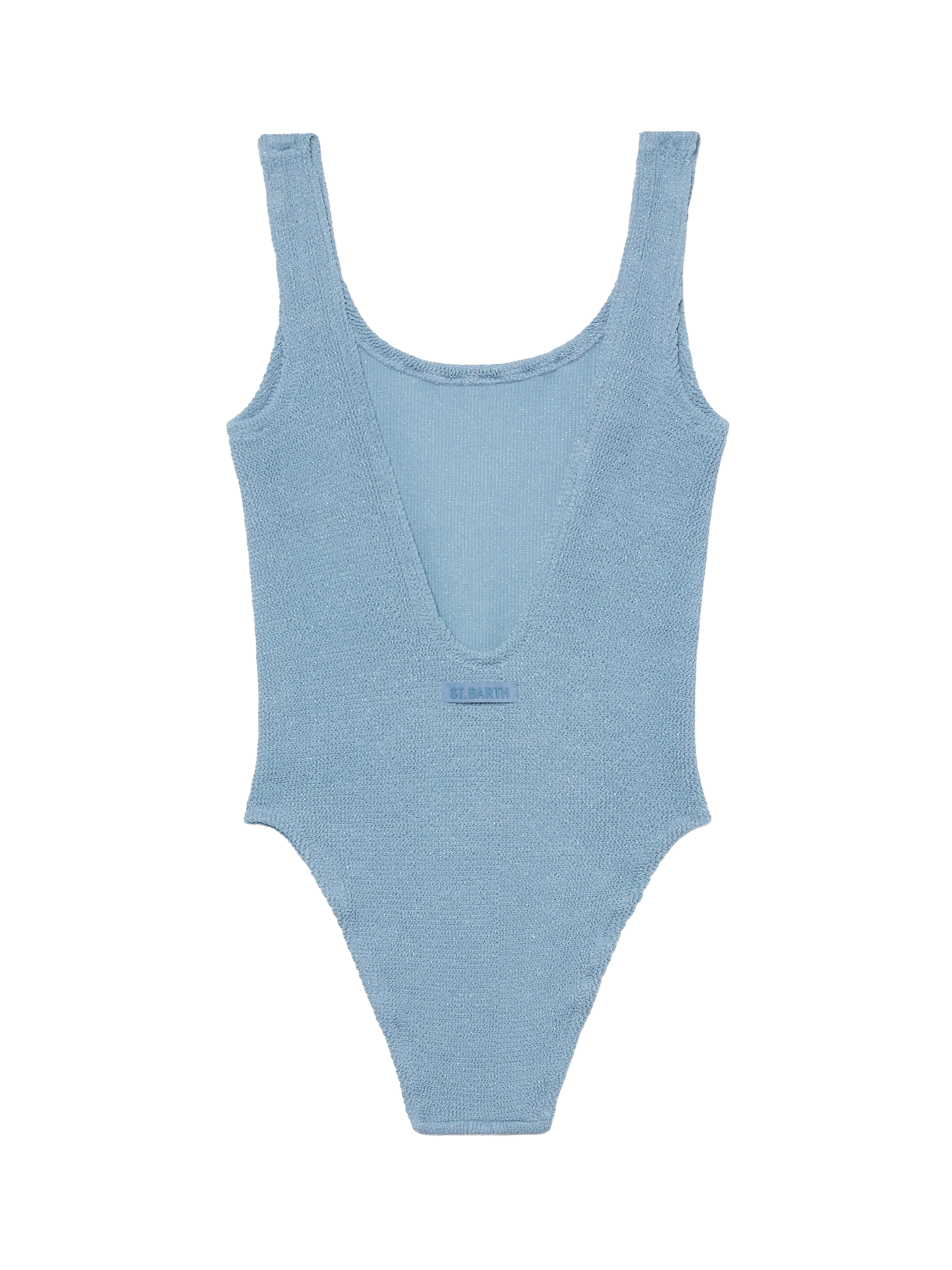 Lora crinkle lurex badpak uit één stuk in luchtvaartblauw