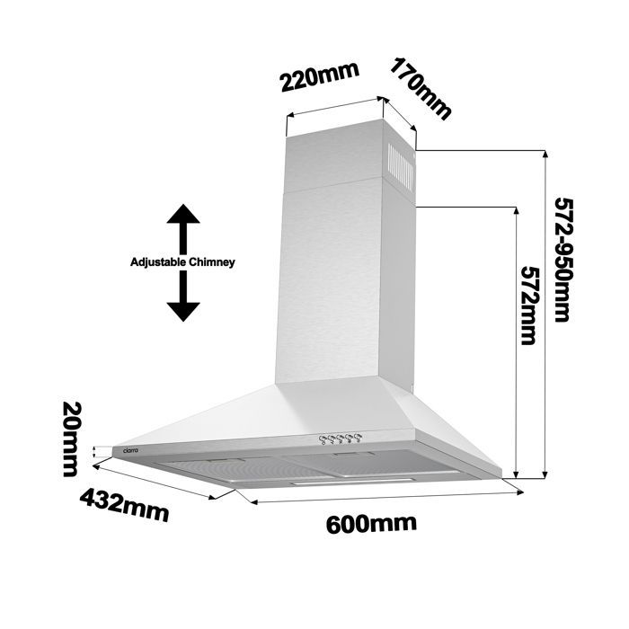 CIARRA Hotte Décorative 60cm A++ 2pcs Filtre à charbon 370m³/h Recyclage ou Evacuation 3 Vitesses INOX