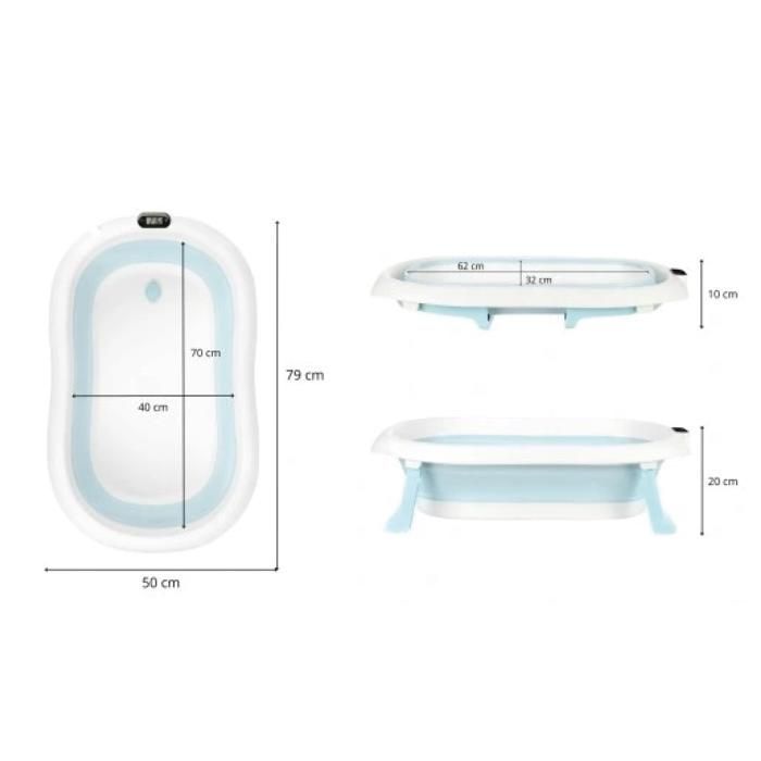 Primabobo Premium Baignoire pour bébé pliante 79cm Bleu - coussin et support - avec Thermomètre