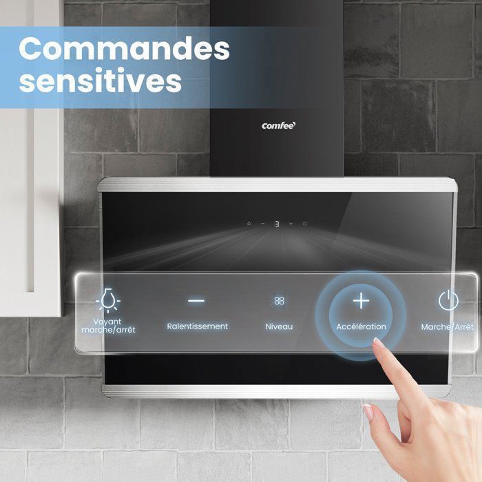 Cappa aspirante angolare Comfee da 60 cm - 480 m³/h - Classe energetica A++ - Comandi touch - 3 velocità - 2 filtri a carbone - Vetro nero