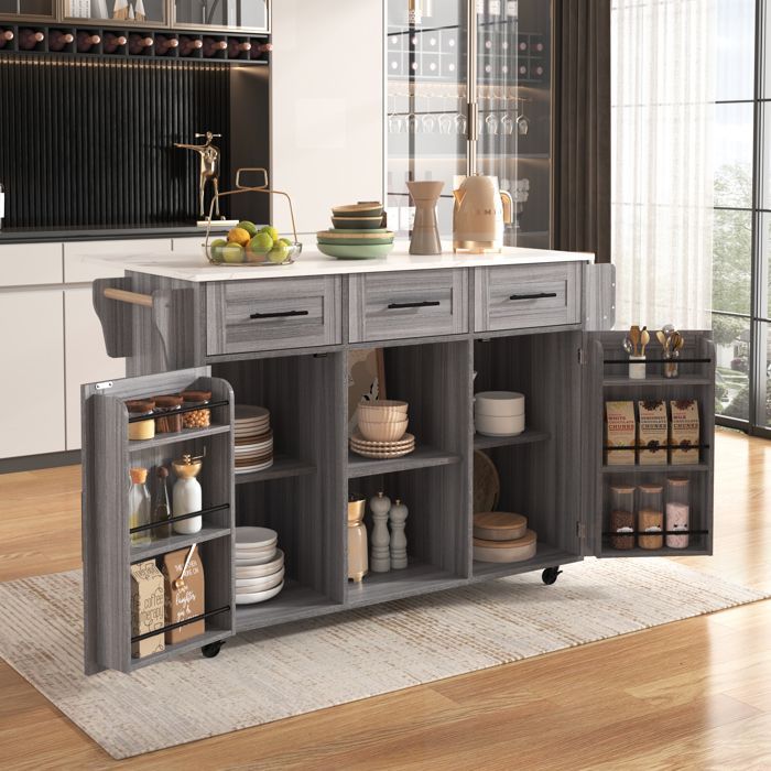 Multifunctional wooden kitchen trolley with rolling storage and worktop - with drawer - W139 x D46(71) x H91.5 cm - Grey