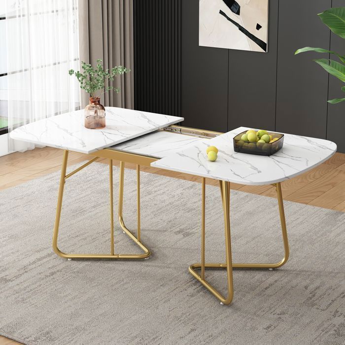 Mesa de comedor extensible Lemonbest de 140/180x80cm, blanca con base de mármol y exquisitas patas de metal chapadas en oro de lujo.