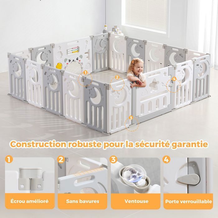 Baby Playpen 16+2 Panels, XXL Modular Playpen with Safety Lock, Adjustable Shape, Foldable, Baby Gate, Grey