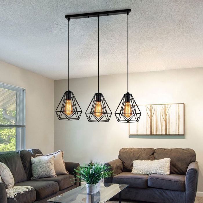 UNI Industriële Hanglamp met Stang, Zwarte Diamanten Kooi Kroonluchter, Plafondlamp