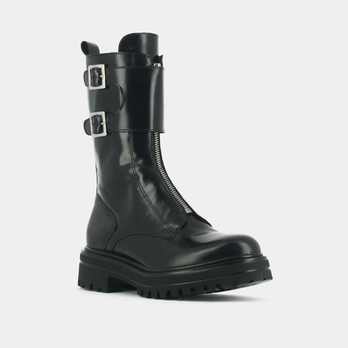 Boots à fermetures frontales et boucles latérales  en cuir noir