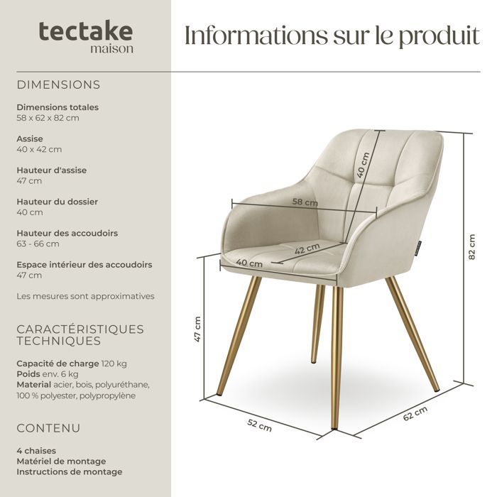 Chaises - TECTAKE - Lot de 4 fauteuils de salle à manger MARYLIN aspect velours avec pieds en acier doré - Crème/Or