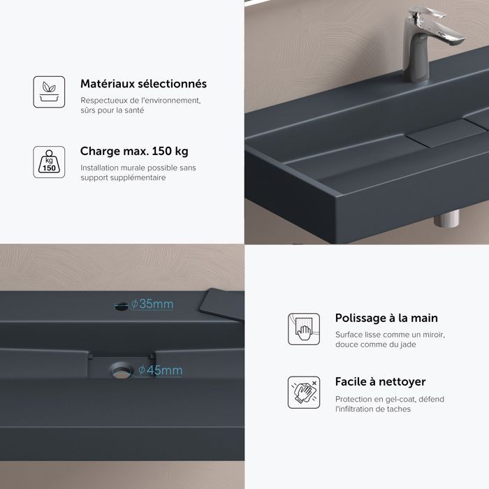 Lavabo mural Doporro con desagüe, lavabo de encimera, gris mate/negro, 100x46x11cm, lavabo rectangular con orificios para taladrar, Colossum19