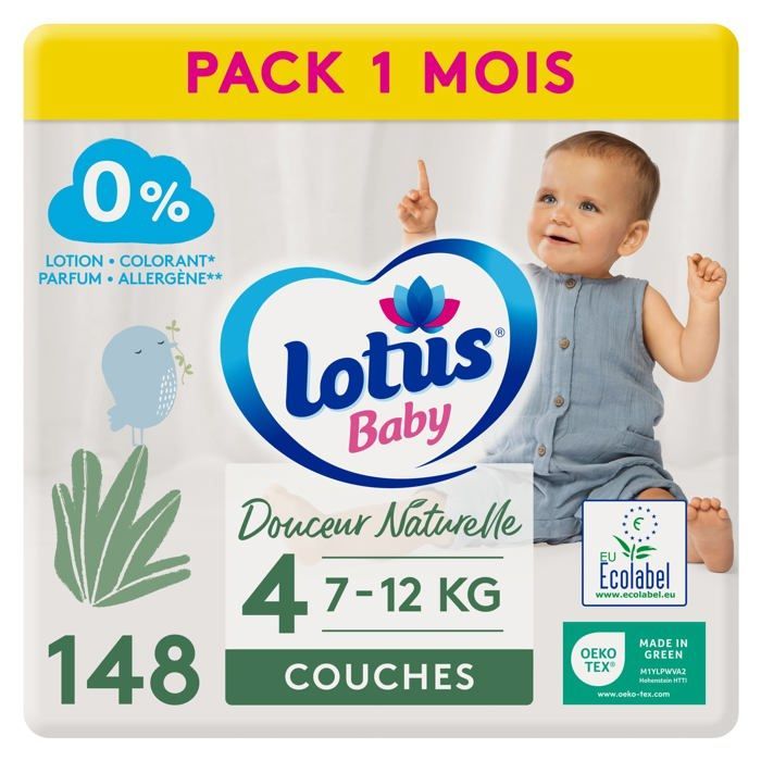 Lotus Baby - 9625 - Natural Softness - Size 4 Diapers (7-12 kg) 1-Month Pack - 148 Count, White
