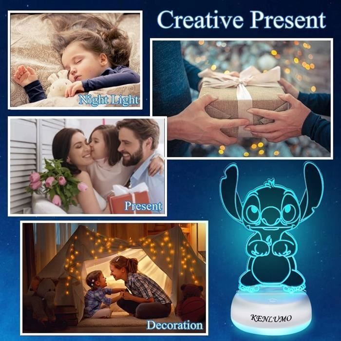 KENLUMO Lampe Stitch Noël Enfant Cadeau Lampe de chevet LED télécommande Touchez pour changer decouleur decoration veilleuse fille