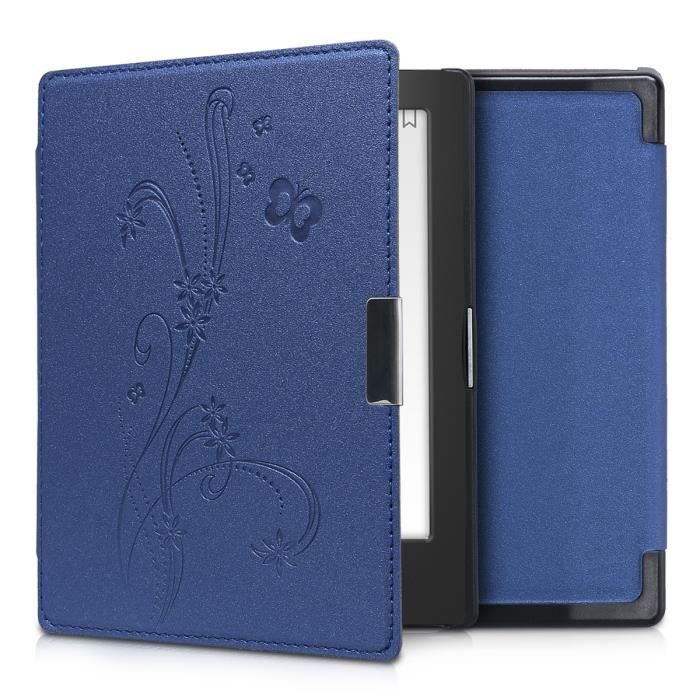 E-Reader-Hülle – kwmobile – Kobo Aura Edition 1 – Kunstlederbezug – Magnetverschluss – Blaue Schmetterlinge und Blumen