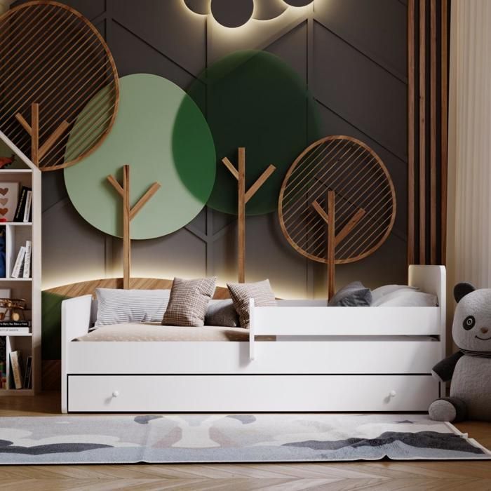 Komplettes Kinderbett 80 x 160 cm MAX mit Lattenrost, Schutzgitter, Schublade und Matratze für Mädchen und Jungen – Einzelbett – WEISS