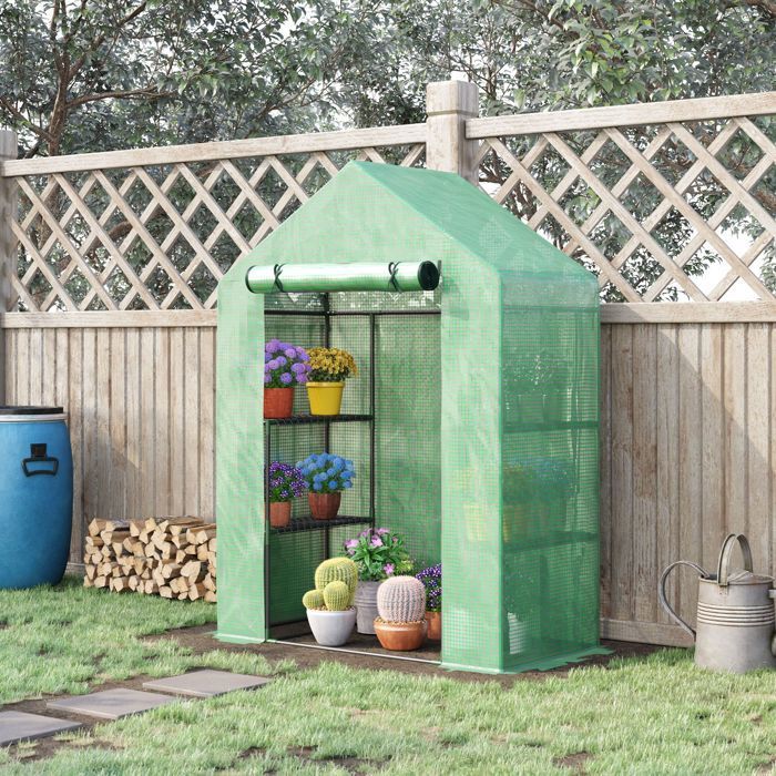 Outsunny Gartengewächshaus – mit 3 Regalböden – verstärkte PE-Folie (140 g/m²) und Stahlrahmen – für Gemüse und Blumen – Grün