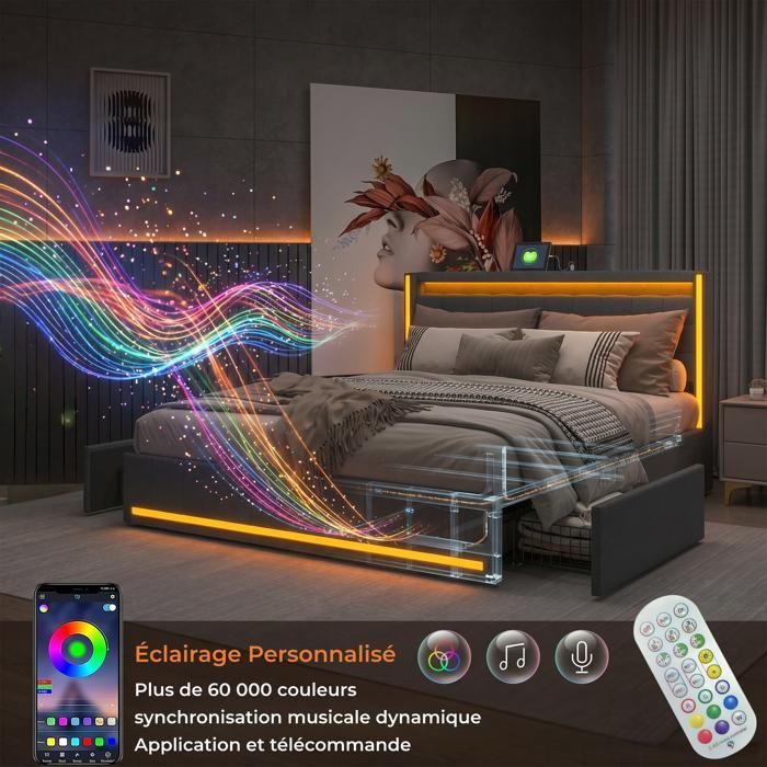 Tweepersoonsbed 160x200 cm - Volwassenenbed met LED-verlichting en USB-oplaadpunt - 4 lades - lattenbodem - linnen - donkergrijs