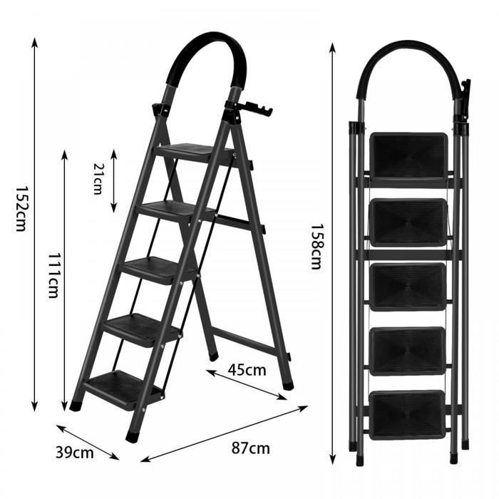 Escalera MIPAN de 5 peldaños con plataforma de trabajo - Escalera plegable - Antideslizante - Máx.: 150 kg - Negra