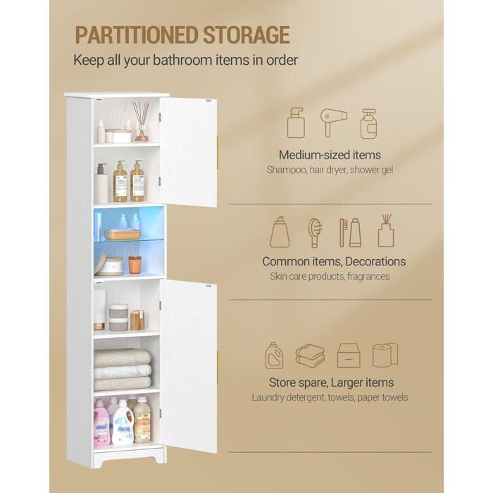 Armoire de Salle de Bain avec Éclairage LED, Deux Portes de Meuble et Étagères Réglables,pour Salle de Bain, Salon, Buanderie,
