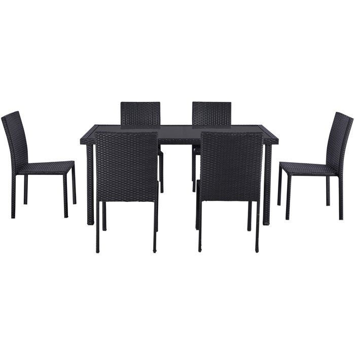 Set da pranzo da giardino AKELA - Tavolo con piano in vetro temperato + sedie in resina effetto vimini - Tavolo 160x80 cm - Nero - 6 posti