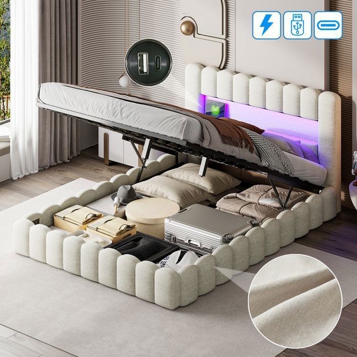 Cama con almacenamiento - PERGAR - 180 x 200 cm - Lino beige - Base de láminas incluida - Almacenamiento USB y LED