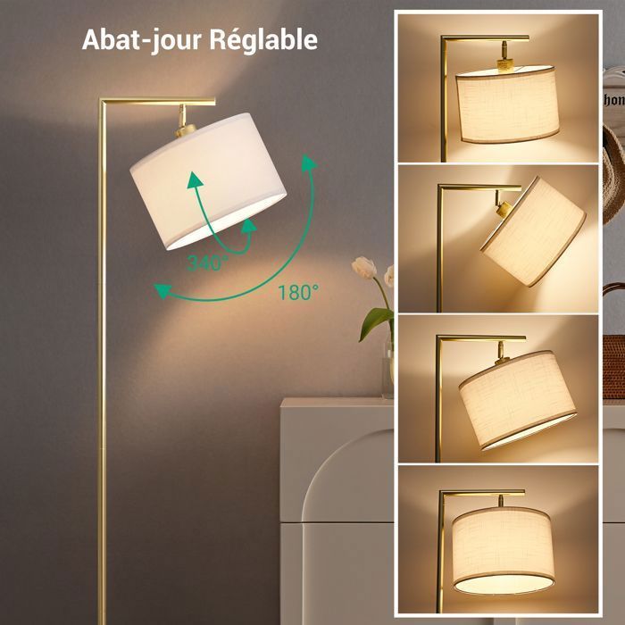 EDISHINE Lampadaire sur pied salon, lampe à arc avec abat-jour rotatif en lin, interrupteur à pied, ampoule E27 2700K fournie, doré