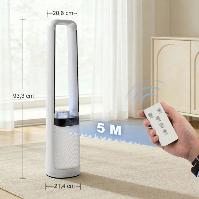 Ventilador de torre - HOMCOM - silencioso 36dB - oscilación de 45°, 3 velocidades, temporizador de 12 horas - ABS, metal - 20,6x21,4x93,3cm - blanco