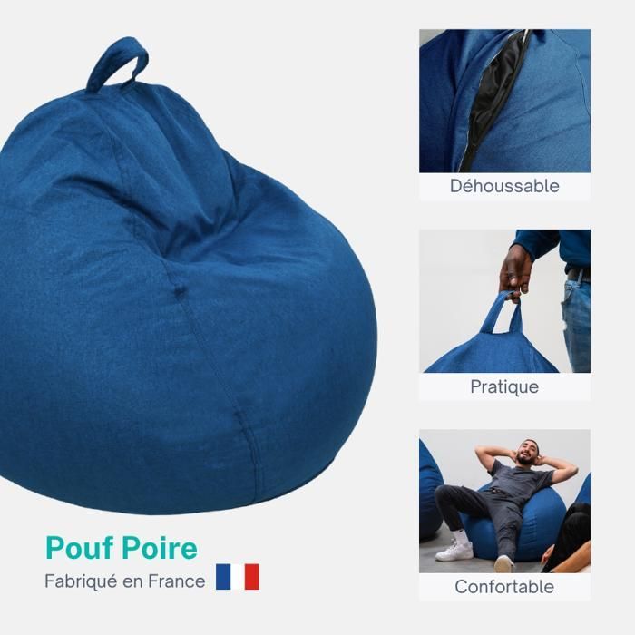 Pouf poire déhoussable bleu 80 x 70 cm - Fauteuil, Canapé, Coussin de Sol, Pouf d'intérieur - Rempli de Mousse - Bananair