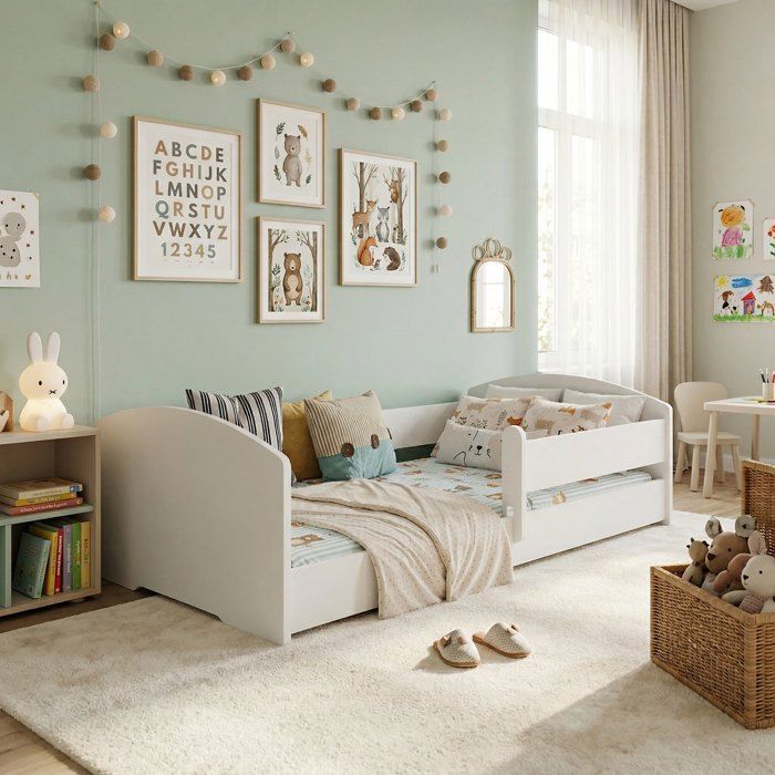 Cama infantil Montessori LEO de 160x80 cm con barandilla y colchón – Cama baja para niños, color blanco.