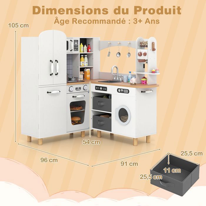 Cuisine Enfants 3Ans+ XXL COSTWAY Interactive -12 Accessoires,Machine à Café, Lave-linge, Bacs en Tissu Gris Clair