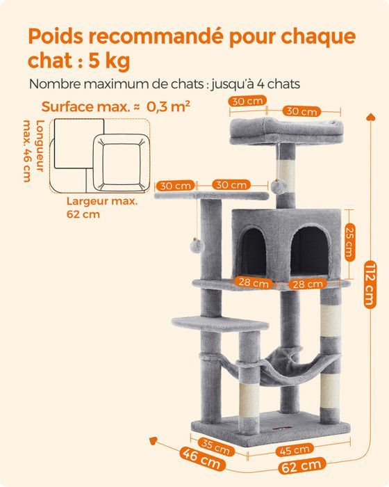 Arbre à Chat - FEANDREA - Hauteur 112 cm - 4 Poteaux à Griffer - 2 Plateformes - 1 Niche - 1 Hamac - Gris Clair