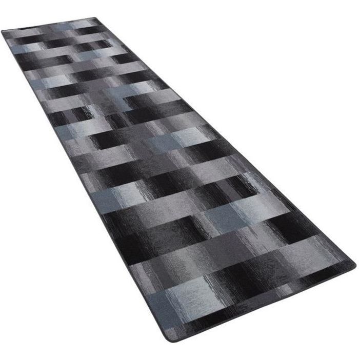Tapis long couloir - SNAPSTYLE - Mystic - Velours résistant - Carreaux bleu gris - 100x200 cm