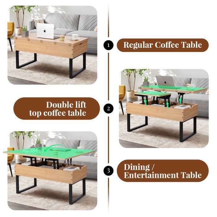 Tavolino da caffè con piano sollevabile - VOWNER - Multifunzionale 3 in 1 - Colore legno