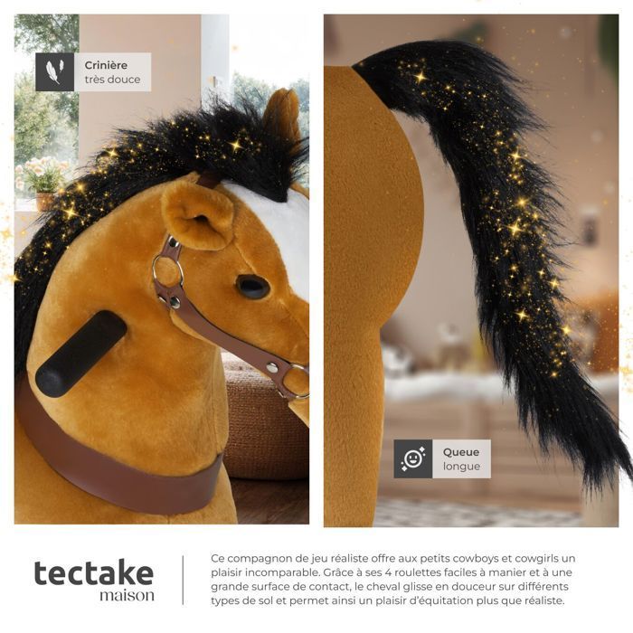 Juguete infantil - TECTAKE - Caballito balancín con ruedas, poliéster y acero, 29 x 76 x 85 cm - Marrón claro